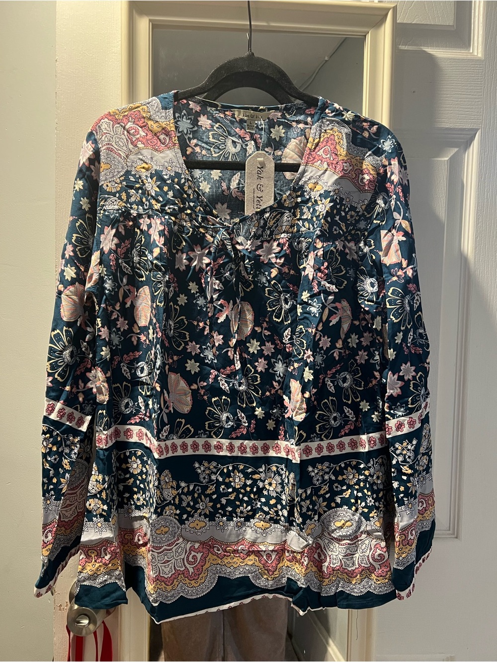 Boho Floral Tie-Neck Top in Navy and Pink - Maeve